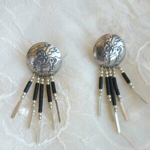 NATIVE AMERICAN STERLING SILVER DANGLE EARRINGS END OF THE TRAIL QT ONYX BEAD